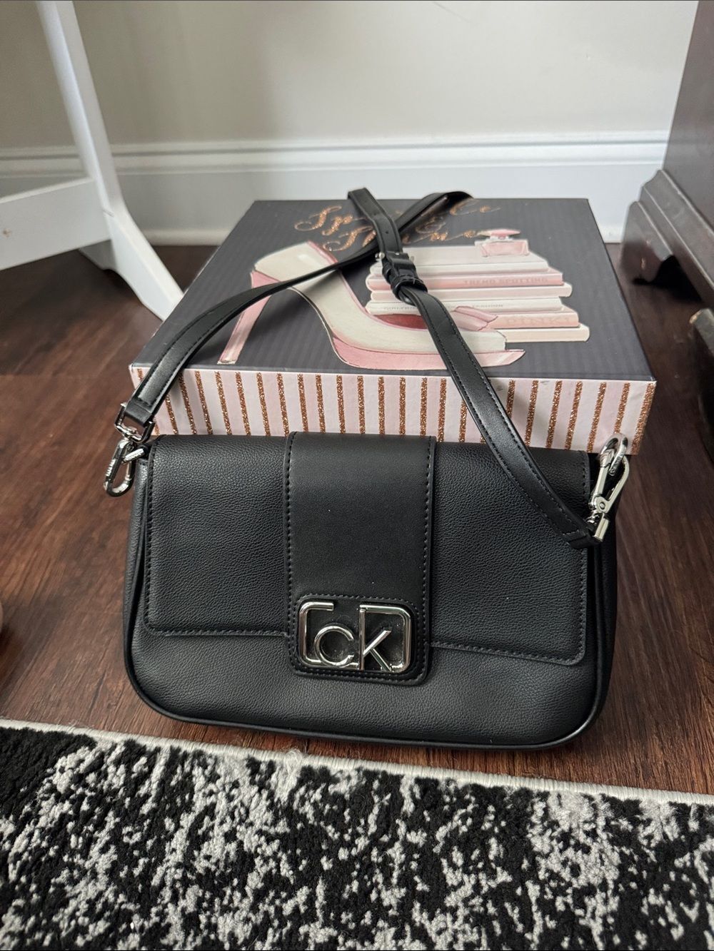 Calvin Klein Black Leather Shoulder Satchel with CK Logo Plaque